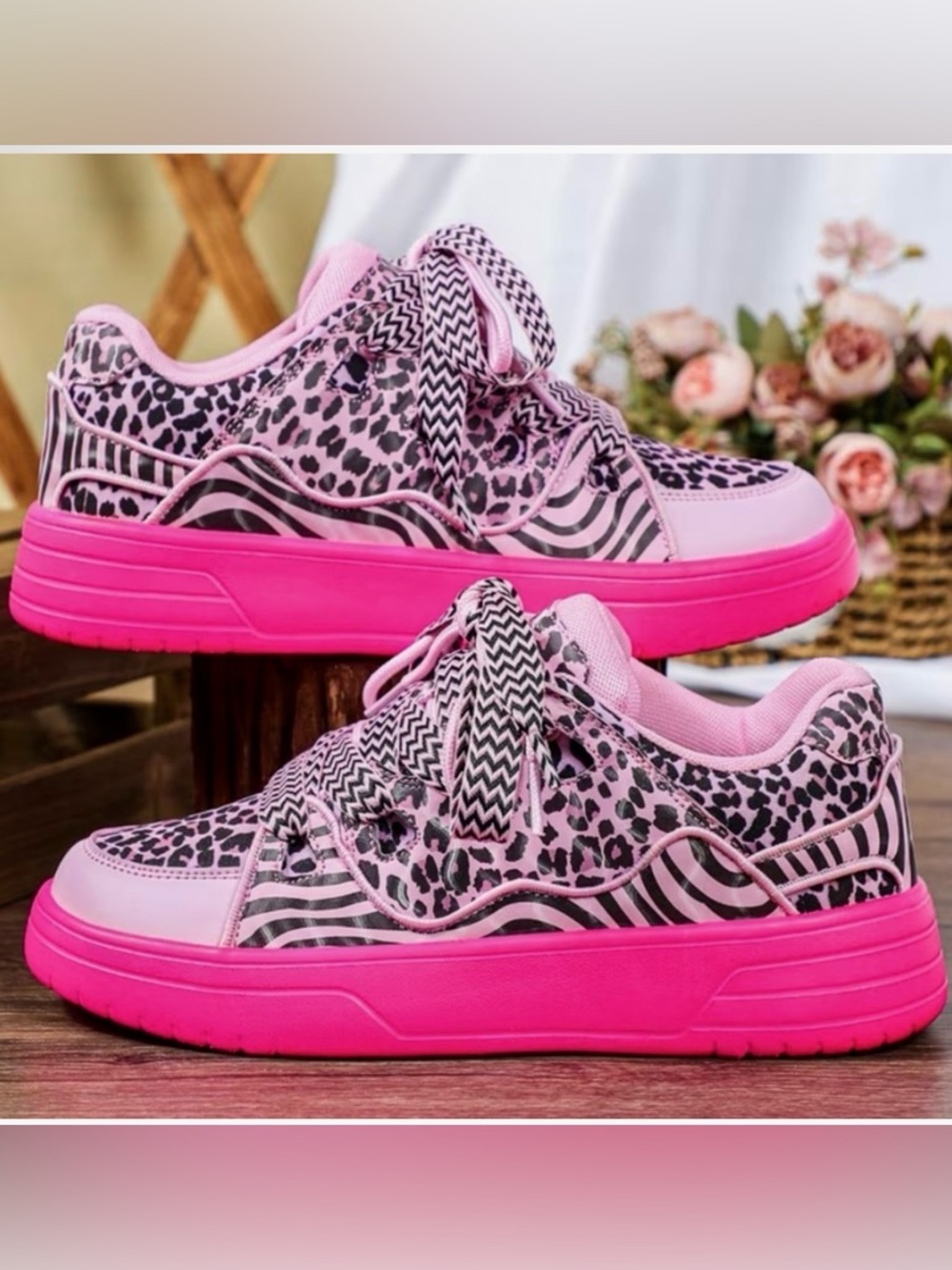 Pink Black Patterned Platform Sneakers Womenâs 7.5 Fits 6.5â7 NWT Streetwear Y2K - Picture 2 of 3